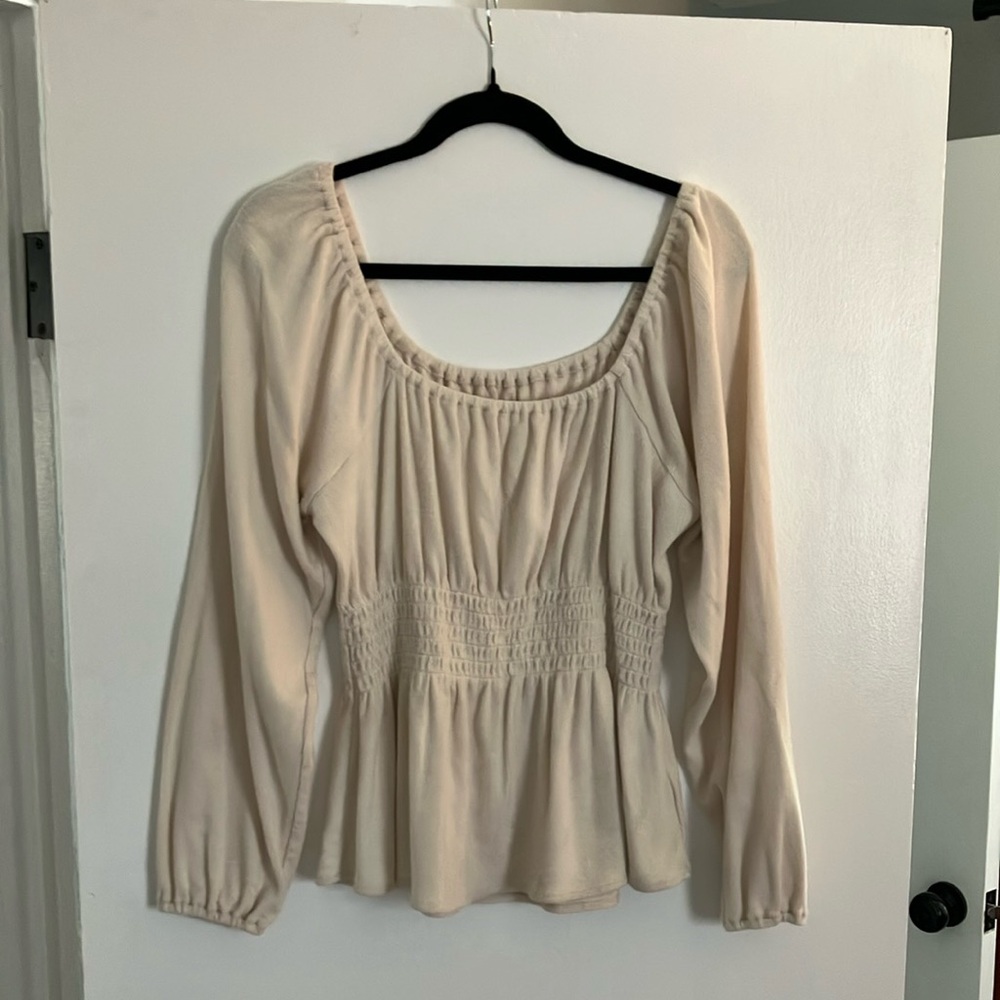 Madewell Cream Smocked Peplum Blouse with Long Sleeves